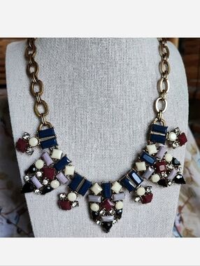 J. Crew Art Deco Revival Brass Tone Necklace Lifesaver Clasp Navy Lavender EUC